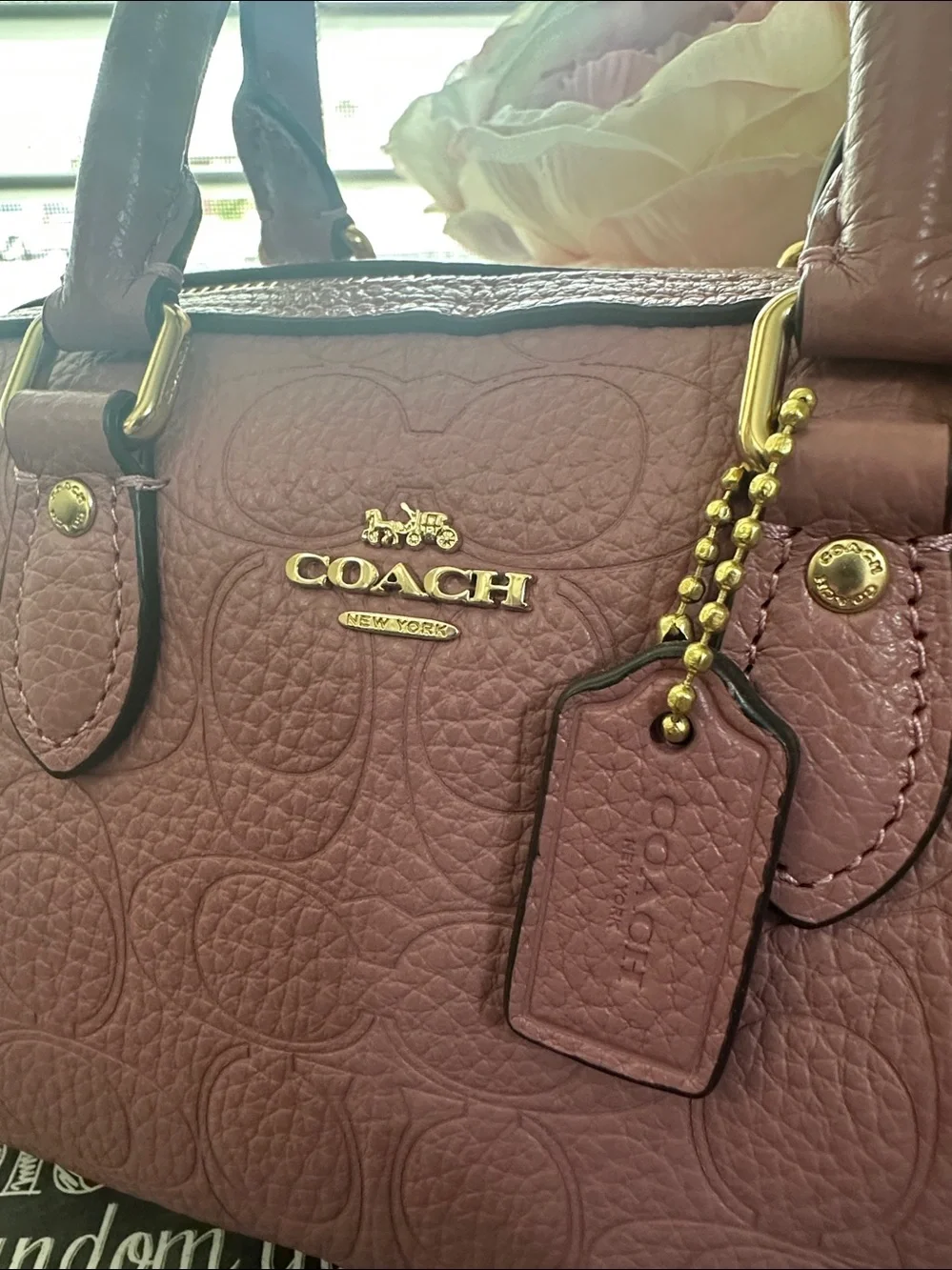 Coach mini Rowan signature leather in the color peony